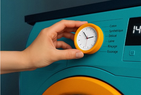 Image générée par intelligence artificielle montrant une main s'apprêtant à tourner le bouton de programmation d'une machine à laver, l'affichage du bouton étant remplacée par une horloge analogique affichant 14h55.